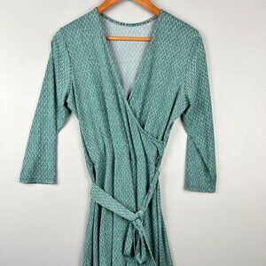 Leota Original Teal Geometric Wrap Dress Medium 3/4 Sleeve Belted Cocktail